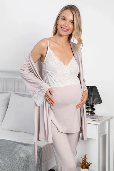 Dantelli Hamile Lohusa 3'lü Pijama Takımı - 4