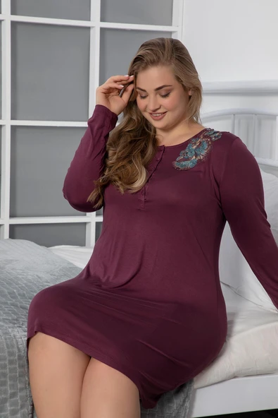 Önü Düğmeli Dantelli Büyük Beden Gecelik - Resim 7