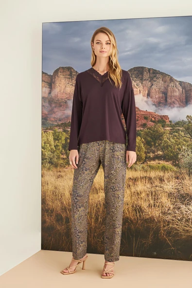 Etnik Desenli Dantelli Pijama Takımı - 3