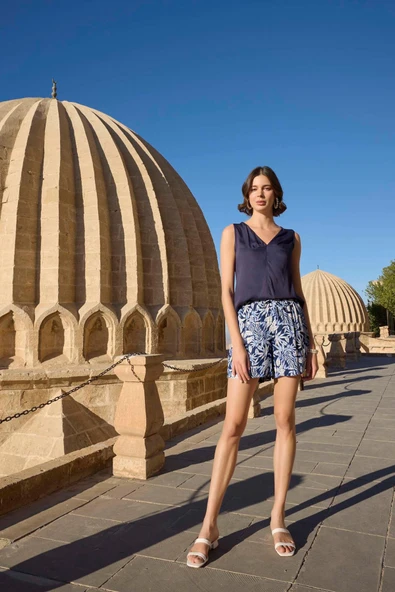 Yaprak Desenli Sıfır Kol Saten Alt Üst Takım - Resim 2