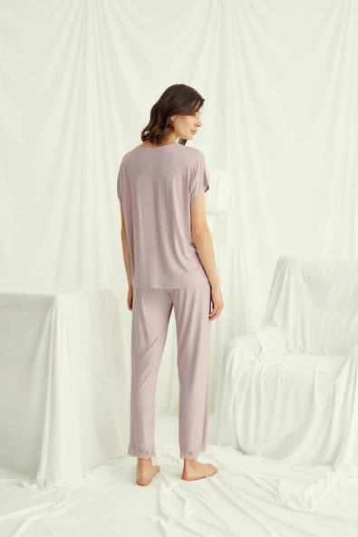 Kısa Kollu V Yakalı Dantelli Pijama Takımı - 7