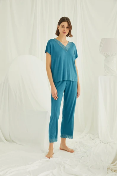 Kısa Kollu V Yakalı Dantelli Pijama Takımı - Resim 4