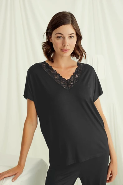 Kısa Kollu V Yakalı Dantelli Pijama Takımı - 4