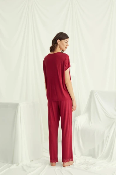 Kısa Kollu V Yakalı Dantelli Pijama Takımı - 6