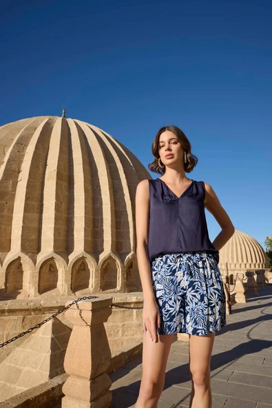 Yaprak Desenli Sıfır Kol Saten Alt Üst Takım - Resim 4