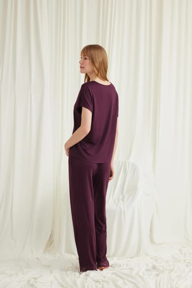 Kısa Kollu V Yakalı Dantelli Pijama Takımı - 5