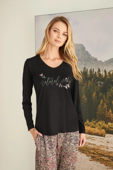 Yaprak Desenli "Natural Vibes" Pijama Takımı - 5