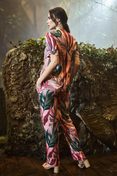 Yaprak Desenli Önü Boydan Düğmeli Saten Alt Üst Takım - Resim 4