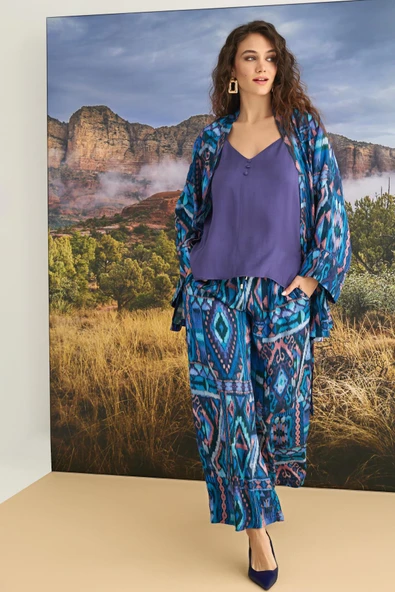 Etnik Desenli 3'lü Pijama Takımı - Resim 2