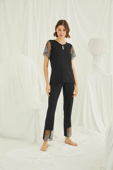 Yakası Detaylı Brode Dantelli Pijama Takımı - 2
