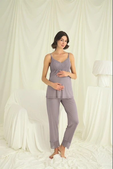 Dantelli Hamile Lohusa 3'lü Pijama Takımı - 6