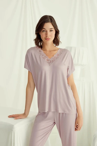 Kısa Kollu V Yakalı Dantelli Pijama Takımı - 5
