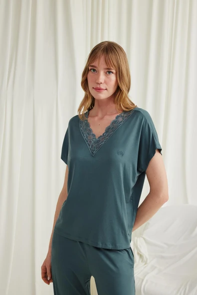 Kısa Kollu V Yakalı Dantelli Pijama Takımı - Resim 5