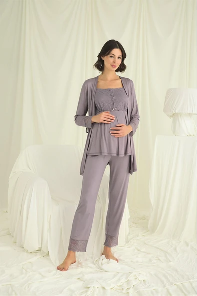 Dantelli Önü Düğmeli Hamile Lohusa 3'lü Pijama Takımı