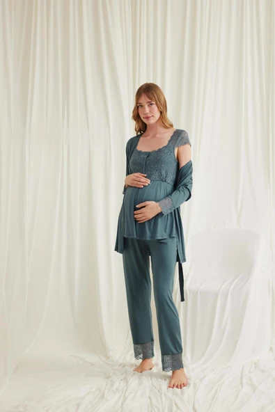 Dantelli Önü Düğmeli Hamile Lohusa 3'lü Pijama Takımı - 2