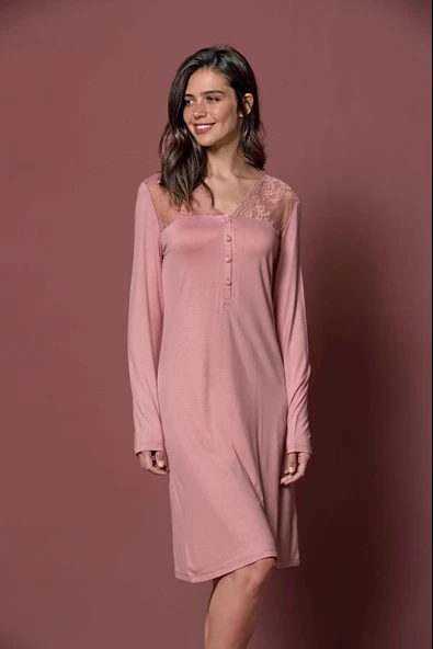 Yakası ve Omzu Dantelli Önü Düğmeli Büyük Beden Gecelik - Resim 2