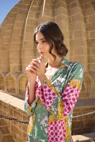 Çiçek ve Yaprak Desenli Saten Pijama Takımı - 7