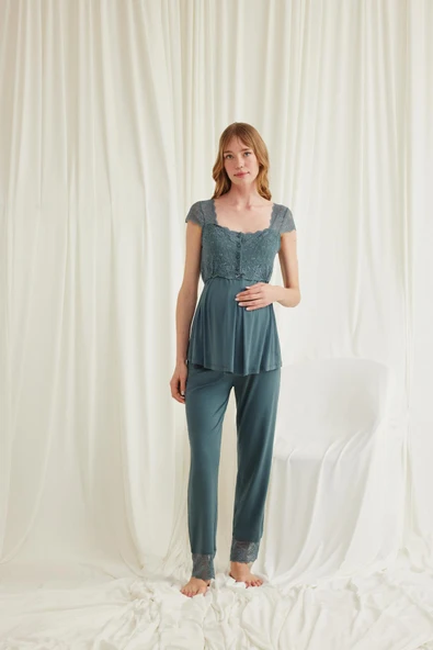 Dantelli Önü Düğmeli Hamile Lohusa 3'lü Pijama Takımı - 9