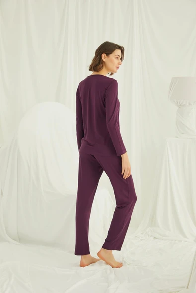 Yakası Omzu ve Paçası Dantelli Boydan Düğmeli Pijama Takımı - 5