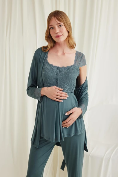 Dantelli Önü Düğmeli Hamile Lohusa 3'lü Pijama Takımı - 4