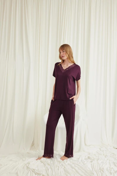 Kısa Kollu V Yakalı Dantelli Pijama Takımı - 2