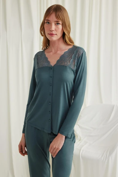 Yakası Omzu ve Paçası Dantelli Boydan Düğmeli Pijama Takımı - 6