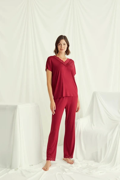 Kısa Kollu V Yakalı Dantelli Pijama Takımı - 5