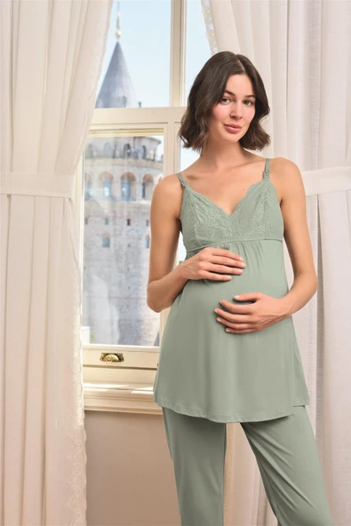 Çiçek ve Yaprak Desenli Dantelli Hamile Lohusa 3'lü Pijama Takımı - 8