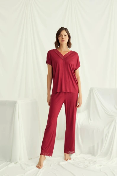 Kısa Kollu V Yakalı Dantelli Pijama Takımı - 4