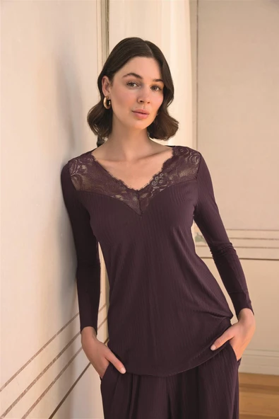 Uzun Kollu ve Dantelli Pijama Takımı - 6