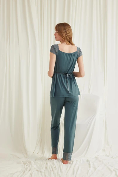 Dantelli Önü Düğmeli Hamile Lohusa 3'lü Pijama Takımı - 8