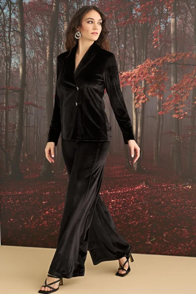 Uzun Kollu Önü Düğmeli Kadife Alt Üst Takım - Resim 2