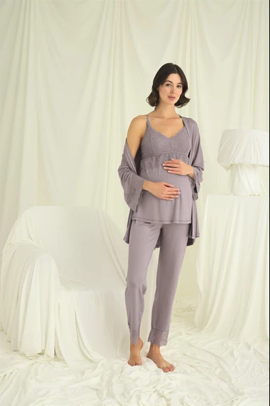 Dantelli Hamile Lohusa 3'lü Pijama Takımı - 4