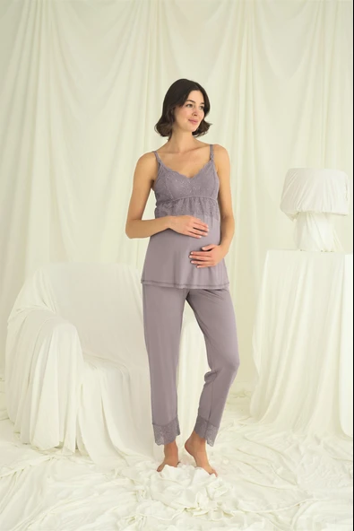 Dantelli Hamile Lohusa 3'lü Pijama Takımı - 7