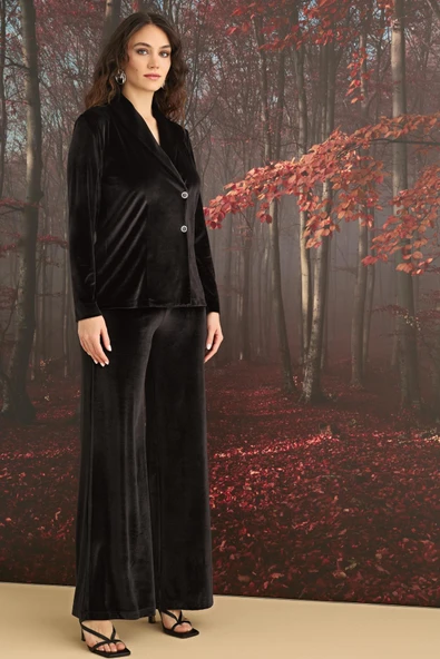 Uzun Kollu Önü Düğmeli Kadife Alt Üst Takım - Resim 5