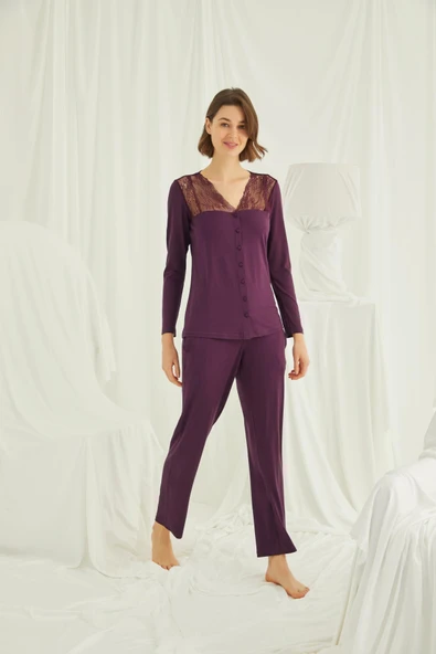 Yakası Omzu ve Paçası Dantelli Boydan Düğmeli Pijama Takımı - 4