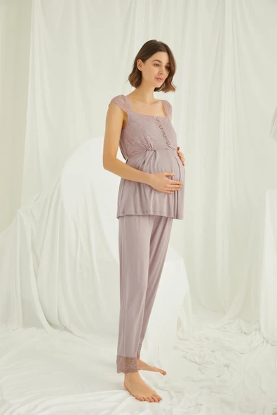 Dantelli Önü Düğmeli Hamile Lohusa 3'lü Pijama Takımı - 7