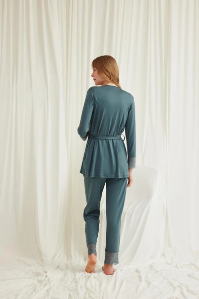 Dantelli Önü Düğmeli Hamile Lohusa 3'lü Pijama Takımı - 6