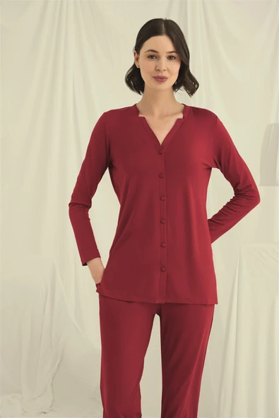 Uzun Kollu Boydan Düğmeli V Yaka Pijama Takımı - 1