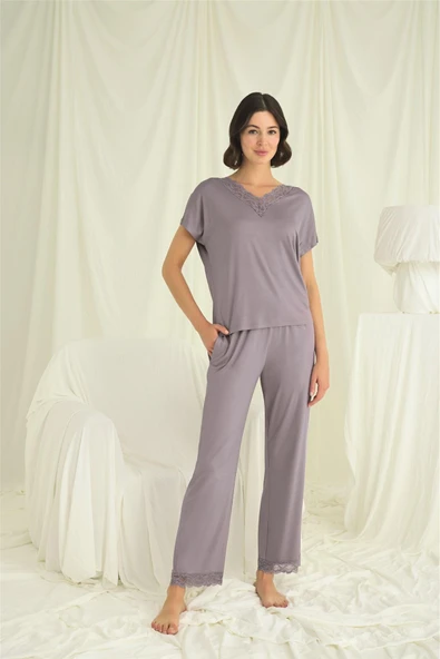 Kısa Kollu V Yakalı Dantelli Pijama Takımı - 5