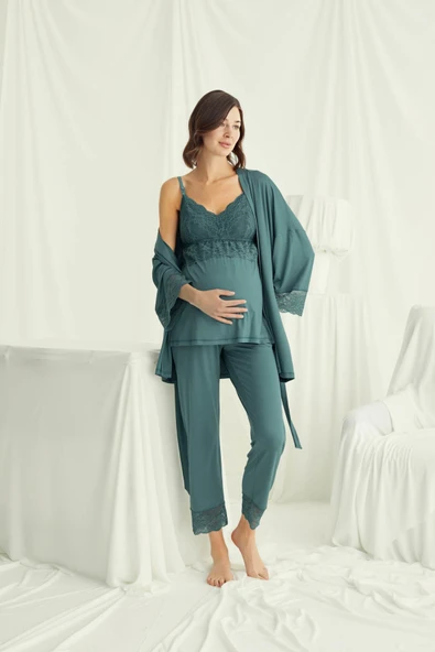 Dantelli Hamile Lohusa 3'lü Pijama Takımı - 4