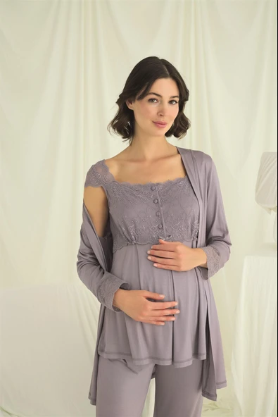 Dantelli Önü Düğmeli Hamile Lohusa 3'lü Pijama Takımı - 4