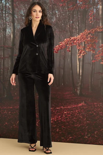 Uzun Kollu Önü Düğmeli Kadife Alt Üst Takım - Resim 4