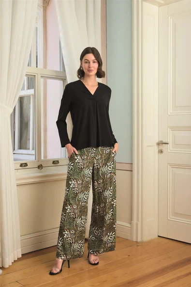 Çiçek Yaprak ve Etnik Desenli Dantelli 3'lü Pijama Takımı - Resim 8