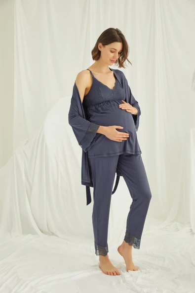 Dantelli Hamile Lohusa 3'lü Pijama Takımı - 4