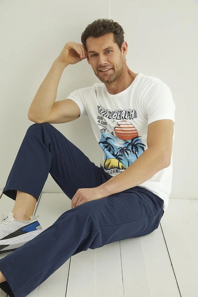 Yazı, Güneş ve Palmiye Baskılı "Long Beach" Pijama Takımı - 7