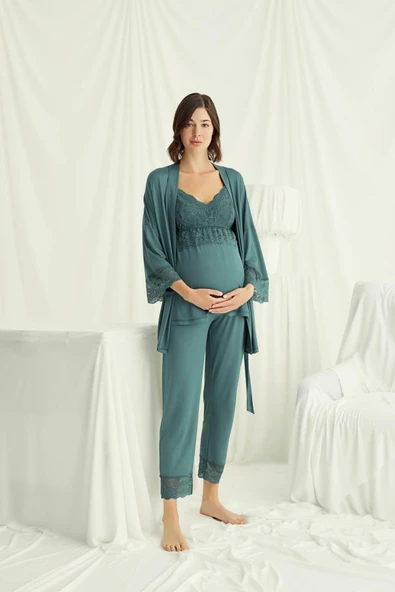 Dantelli Hamile Lohusa 3'lü Pijama Takımı - 2