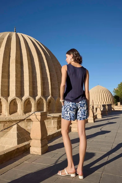 Yaprak Desenli Sıfır Kol Saten Alt Üst Takım - Resim 6