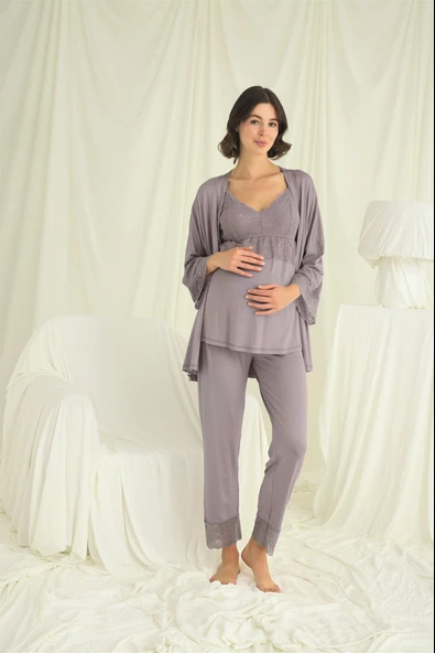 Dantelli Hamile Lohusa 3'lü Pijama Takımı - 2