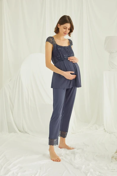 Dantelli Önü Düğmeli Hamile Lohusa Pijama Takımı - 1